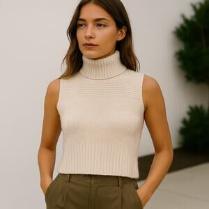 Maison de Papillon Mongolian Cashmere Crop Turtleneck Sweater Sleeveless CreamXS